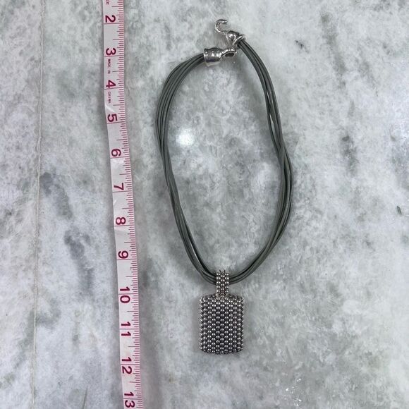 Artisan Olive Leather and Stamped Silver Pendant Necklace - Picture 2 of 15